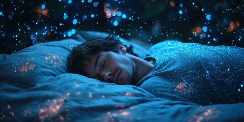 A serene scene of a person peacefully sleeping in a starry, dreamy atmosphere, surrounded by glowing particles and soft blue light.