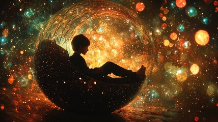 Obraz premium A silhouette of a child sits in a glowing, cosmic orb, surrounded by colorful, sparkling lights, evoking a sense of wonder and imagination.