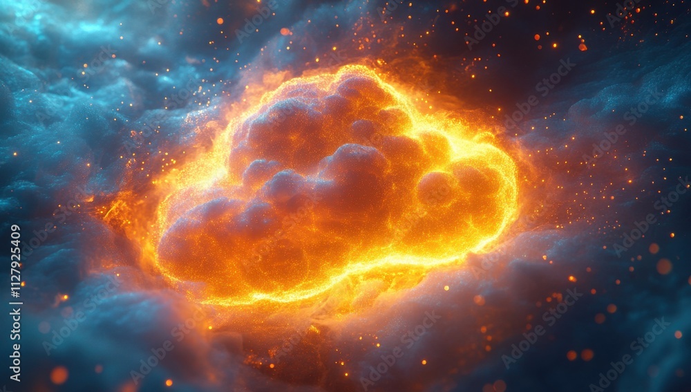Poster fiery cloud formation illuminated with radiant energy surrounded by mystical blue atmosphere creatin