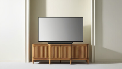Fototapeta premium AI generative. Illustration of television mockup with credenza in living room with white background. 2