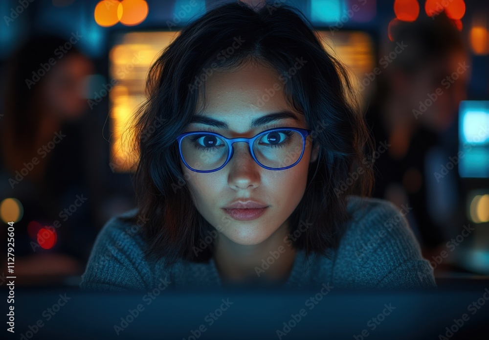 Poster focused young woman with glasses working intently on computer in modern tech environment amidst ambi