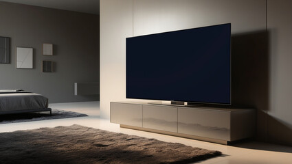 Fototapeta premium AI generative. Illustration of television mockup in minimalist bed room. 2