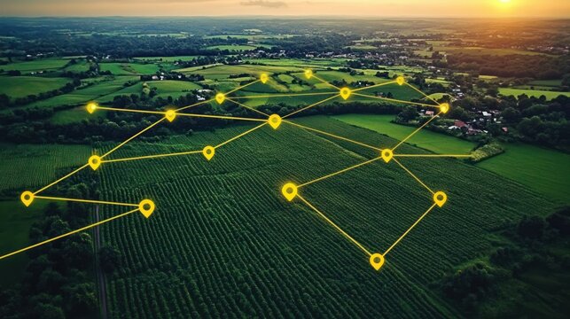 Aerial View of Land Development Planning with Connectivity Network and Location Markers