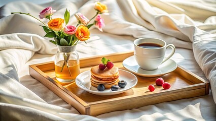 A delightful breakfast in bed mini pancakes with berries, coffee, and flowers on a wooden tray