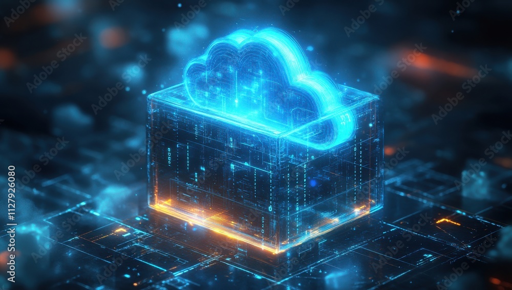 Poster futuristic abstract cloud computing concept with glowing elements and data streams representing digi