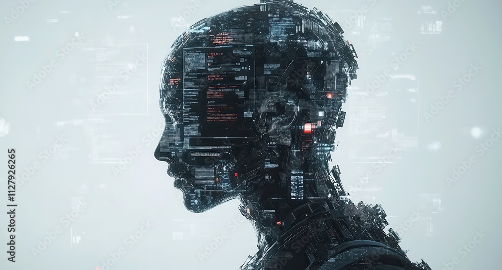 Poster futuristic ai human profile with digital circuitry and data interface overlay representing technolog