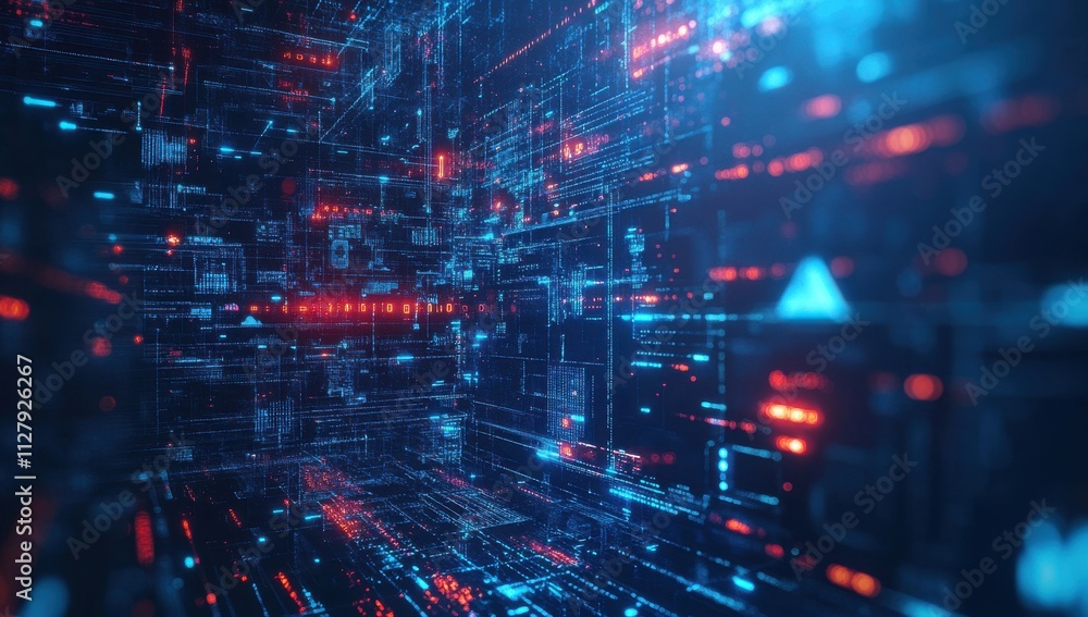 Poster futuristic abstract digital landscape with neon lights and data streams illuminating a high-tech env