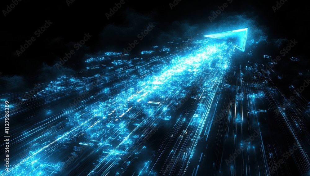 Poster futuristic arrow of light moving through a digital landscape representing progress and innovation wi