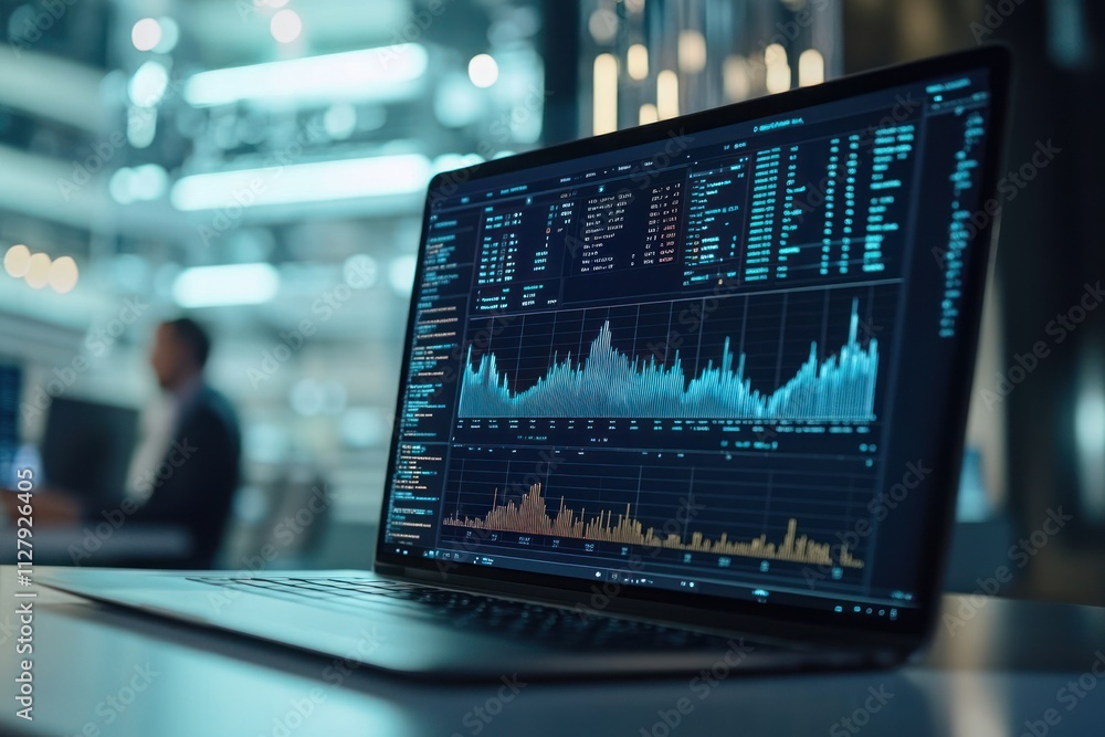 Poster Laptop displaying financial data charts and graphs in modern office.