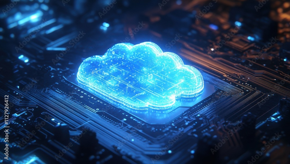 Poster futuristic blue cloud data storage on circuit board background, high-tech digital interface represen