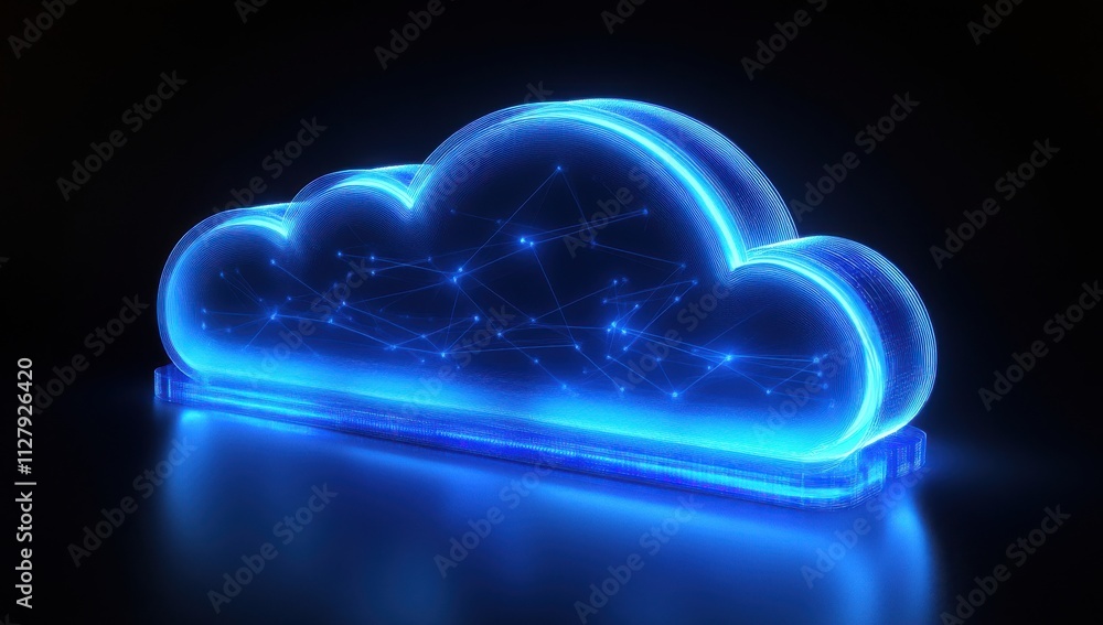 Poster futuristic blue cloud icon with connected lines illuminating against a dark background, representing
