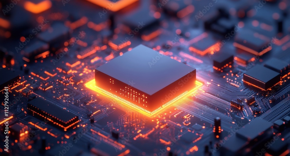 Poster futuristic circuit board with glowing microchip on dark background showcasing advanced technology an