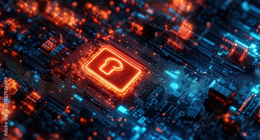 Poster futuristic circuit board with glowing lock symbol representing digital security and technology innov