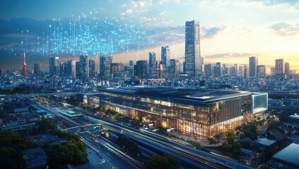 Obraz premium Futuristic Cityscape at Dusk Featuring Modern Architecture, Skyscrapers, and Urban Lights with Digital Elements Over Budapest Skyline