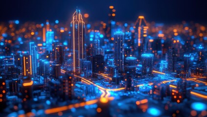 Fototapeta premium Futuristic Cityscape at Night with Bright Neon Lights and Tall Skyscrapers Reflecting Modern Urban Design and Technology in a Vibrant Colorful Environment