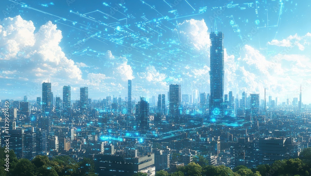 Poster futuristic cityscape with advanced technology overlay and digital elements representing innovation a