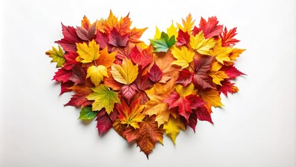 Delicate heart-shaped autumn leaves, artfully arranged against a stark white background; nature's still life.