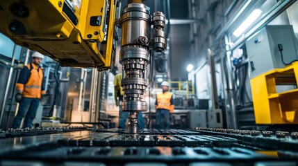 Fototapeta premium Advanced industrial machinery operating in a modern factory setting, showcasing precision engineering and innovative manufacturing technology processes.