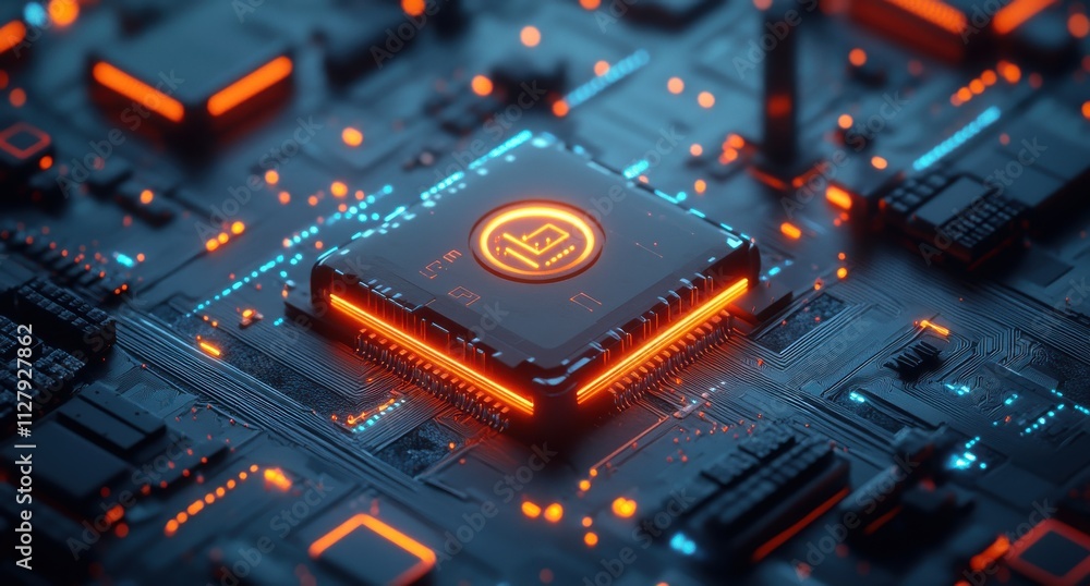 Poster futuristic close-up view of a glowing microprocessor on a dark circuit board, featuring vibrant oran
