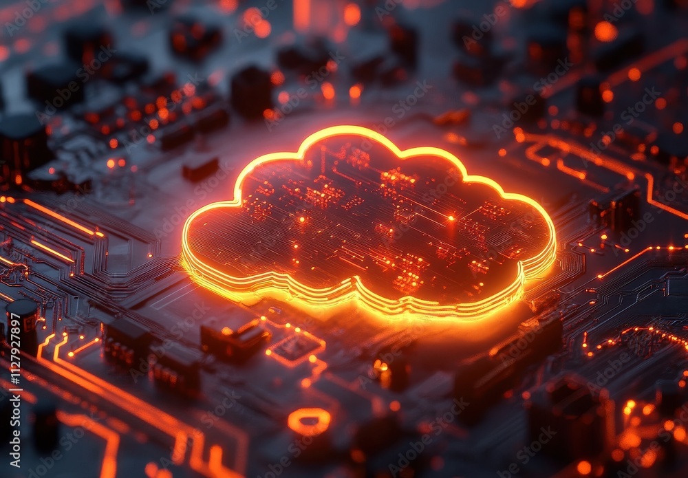 Poster futuristic cloud computing concept depicted on a circuit board with neon glow illustrating technolog