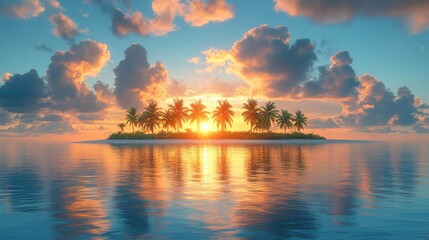 Tropical island sunset with palm trees and calm ocean waters under a beautiful sky