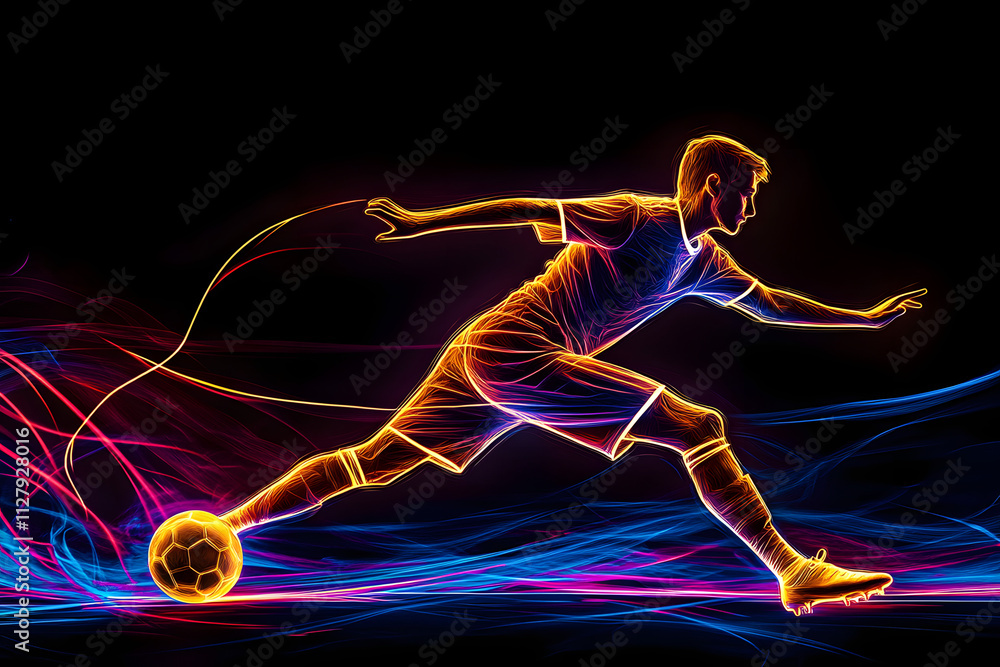 Sticker Football player kicking a ball in neon light isotated on black background.