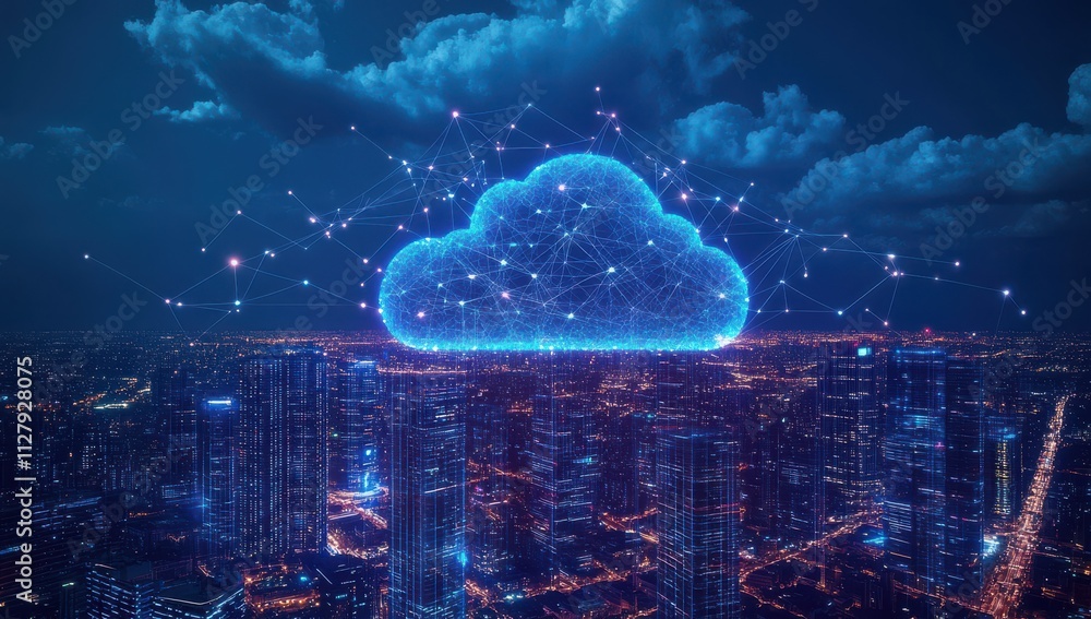 Aufkleber futuristic cloud computing concept over city skyline with digital connections and night sky, featuri