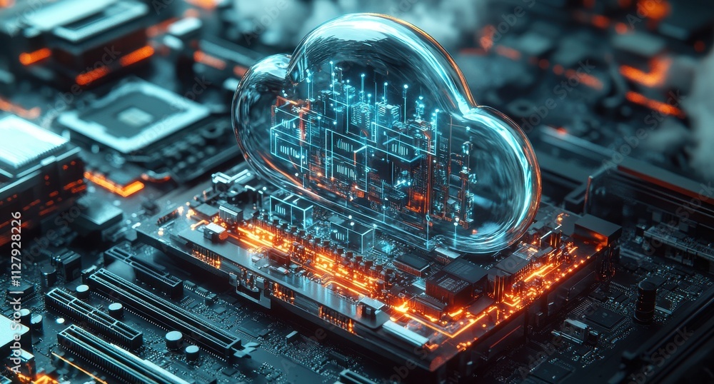 Poster futuristic cloud computing concept with abstract digital circuitry and neon glow on technology backg