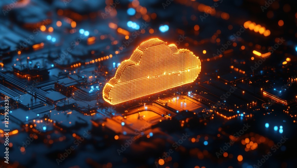 Aufkleber futuristic cloud computing concept with bright orange cloud icon illuminated on a dark circuit board