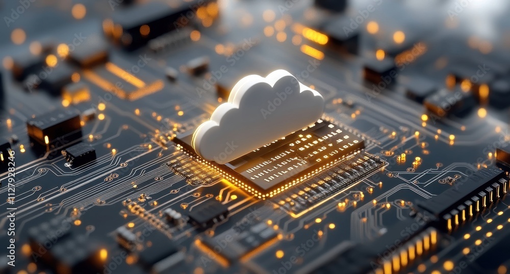 Poster futuristic cloud computing concept with circuit board and glowing elements representing data managem