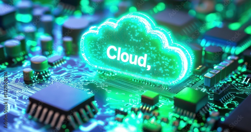 Poster futuristic cloud computing concept with circuit board background highlighting digital data storage a