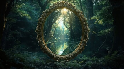Enchanted Forest with Mystical Mirror in a Dark Fantasy Landscape