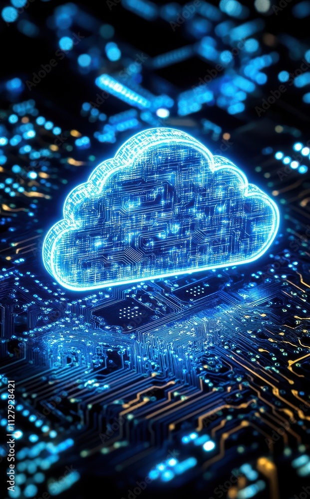 Poster futuristic cloud computing concept with digital cloud icon overlaid on a circuit board background fe