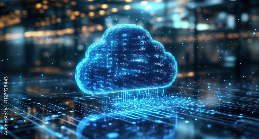 Poster futuristic cloud computing concept with digital representation of data transfer, light effects, and 