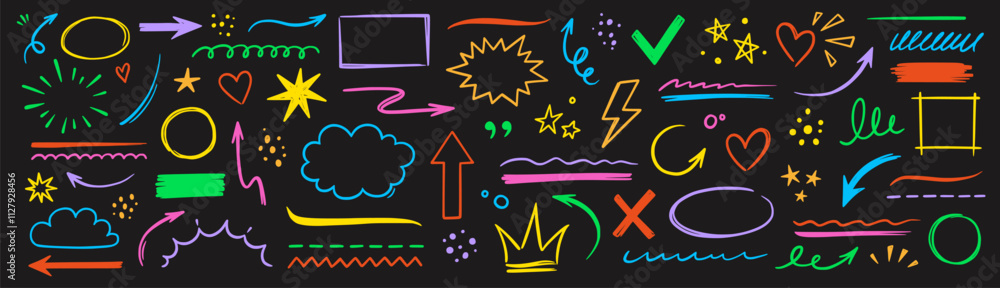 Poster line hand drawn marker arrow, heart, text highlight brush color shape element set. hand drawn sketch