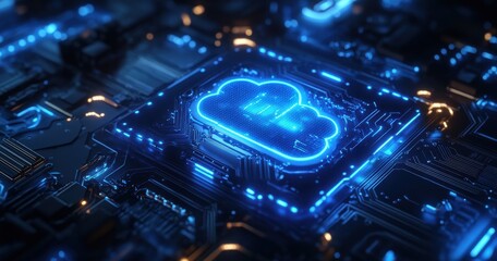 Fototapeta premium Futuristic Cloud Computing Concept with Electric Blue Glow on a High-Tech Circuit Board for Digital Data Storage and Technology Innovation