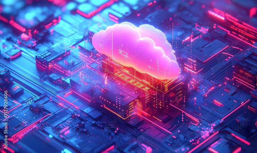 Aufkleber futuristic cloud computing concept with neon colors representing data processing and digital transfo