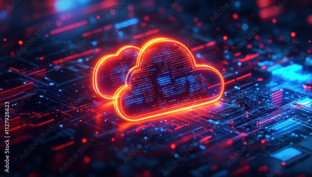 Poster futuristic cloud computing concept with neon clouds and digital circuitry representing data storage 