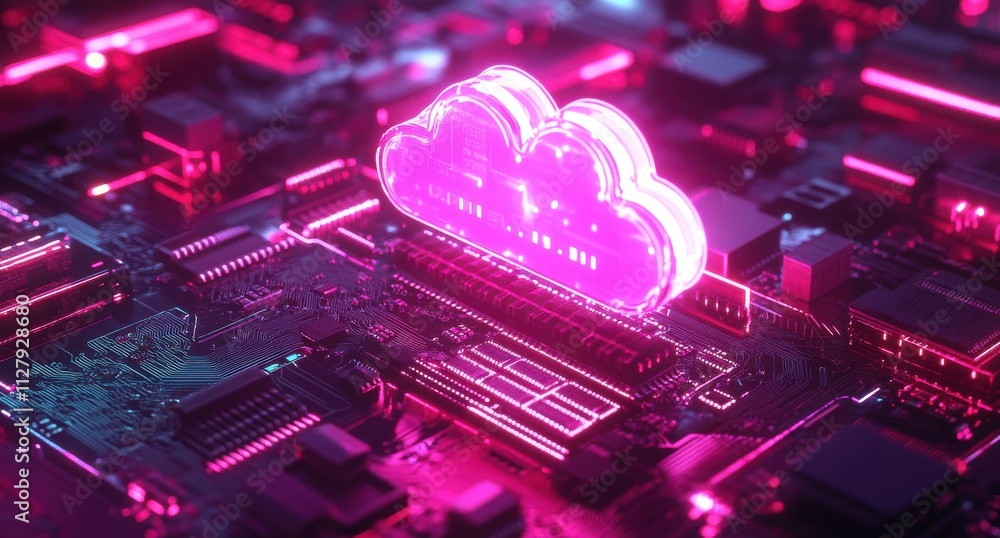 Poster futuristic cloud computing concept with neon light effects on a technological circuit board in a dig