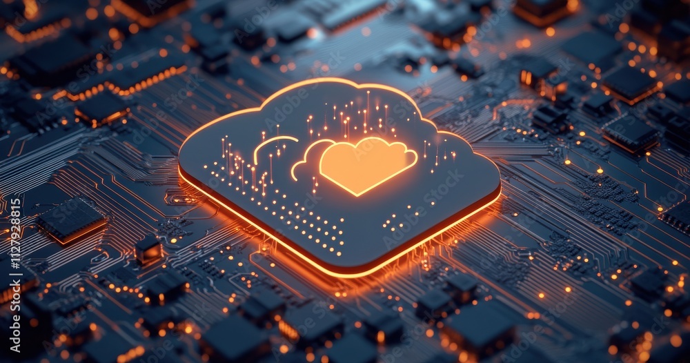 Poster futuristic cloud computing icon set against high-tech circuit board background glowing with orange l