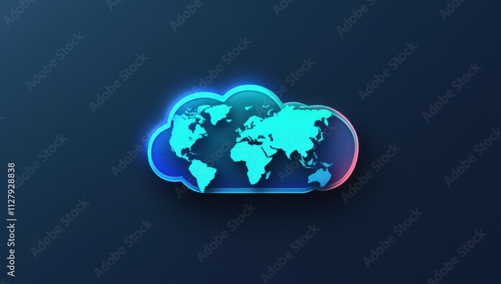 Poster futuristic cloud computing symbol with world map illustrating global connectivity and digital techno