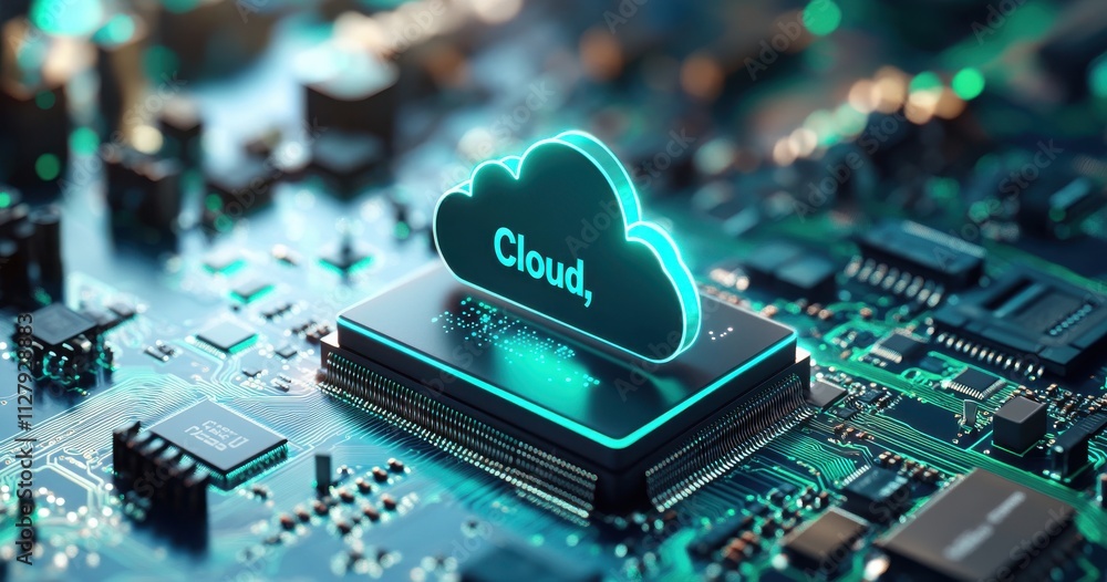 Poster futuristic cloud computing technology concept with circuit board and neon effects showcasing data st