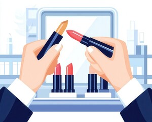 A person holds two testing lipstick tubes, showcasing a range of colorful lipsticks on display, emphasizing beauty and makeup choices.
