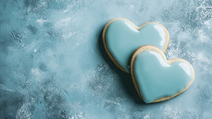 Fototapeta premium Heart-shaped cookies with blue icing ready for Valentine's Day celebration in a cozy kitchen