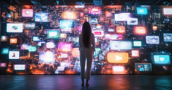 Caucasian Woman Observing Vibrant Digital Media in 3D Cyberspace with Social Networks Video Games and Animated Content