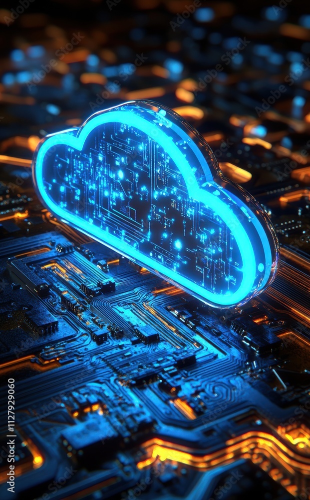 Poster futuristic cloud design with digital circuit board background signifying cloud computing, data stora