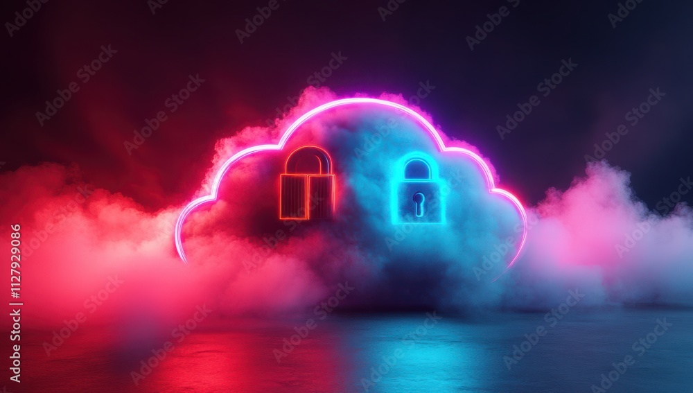 Poster futuristic cloud storage concept with neon lock symbols representing data security and privacy in a 