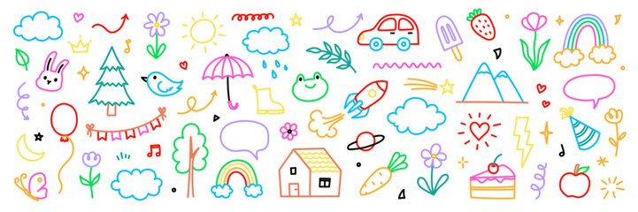 Cute kid background line flower, heart, rainbow icon. Hand drawn doodle sketch baby element set. Flower, heart, cloud children draw style design element background. Vector illustration