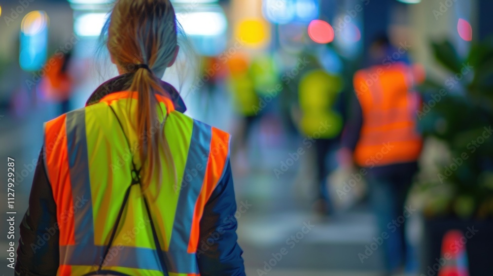 Poster defocused figures in bright vests working towards a cleaner and more inviting environment.