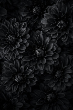 one color black chrysanthemum flowers filling frame, mono background close up